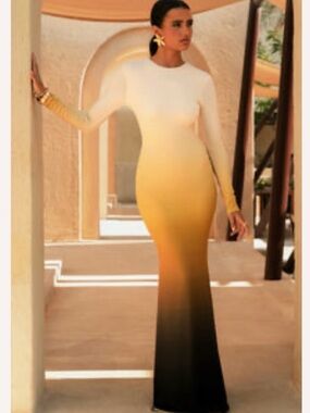 Club L London Long Sleeve Ombre Maxi Dress in White, Yellow and Black